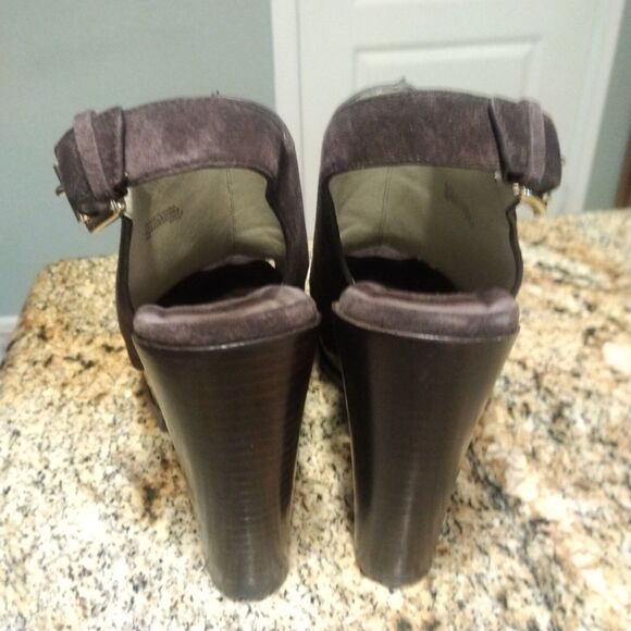 Michael Kors Chunky High Heels Brown Suede Leather Buckle Back Mules Womens 8 - Picture 8 of 12